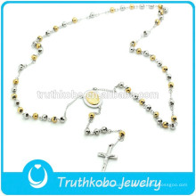 TKB-N0034 Collier en acier inoxydable 316L avec longue chaîne et perles bicolores polies avec pendentifs crucifix et Mary